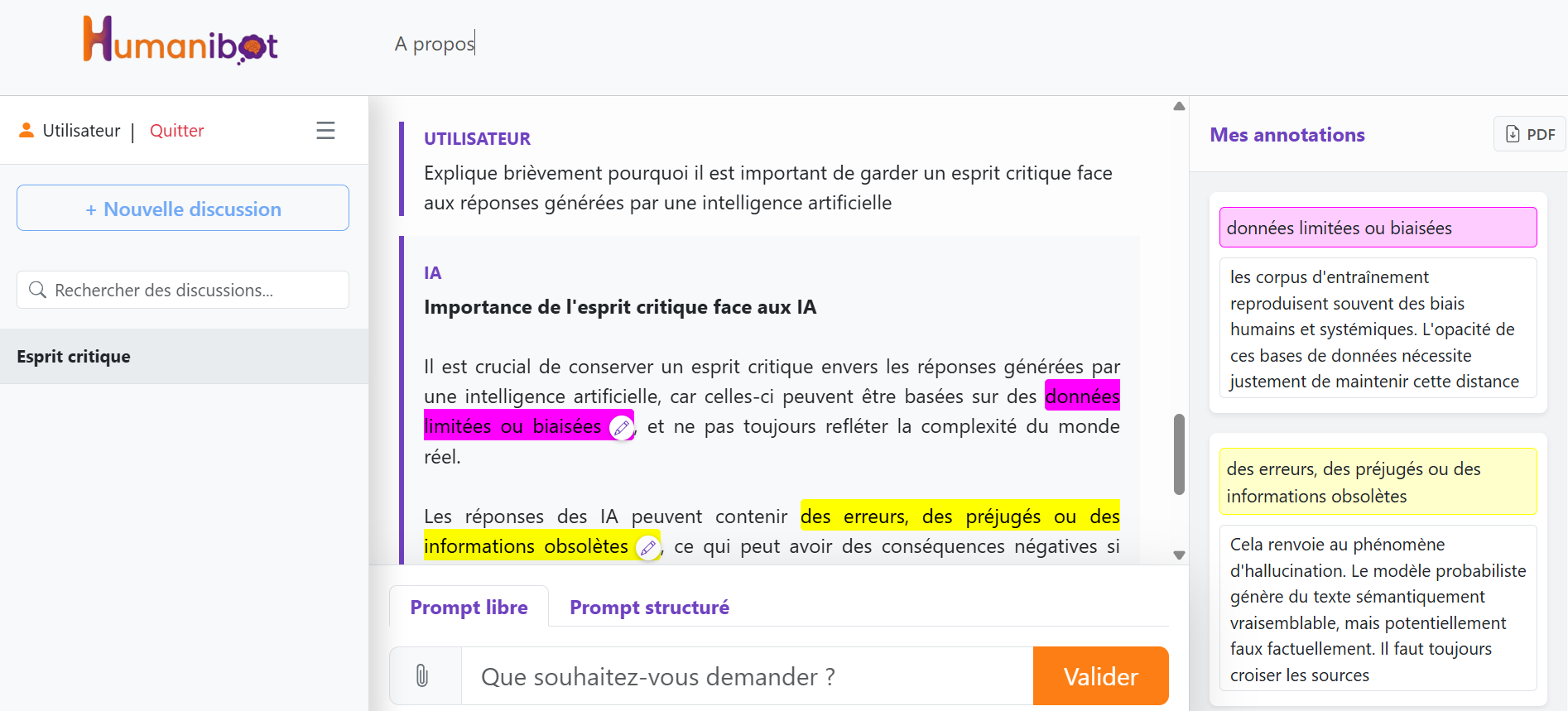 Aperçu de l'interface Humanibot
